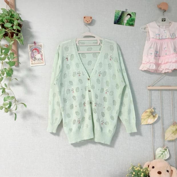 민트색 아가일 니트 가디건