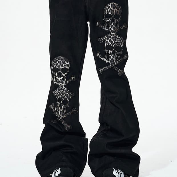 Skull Appliqué Waxed Flared Jeans