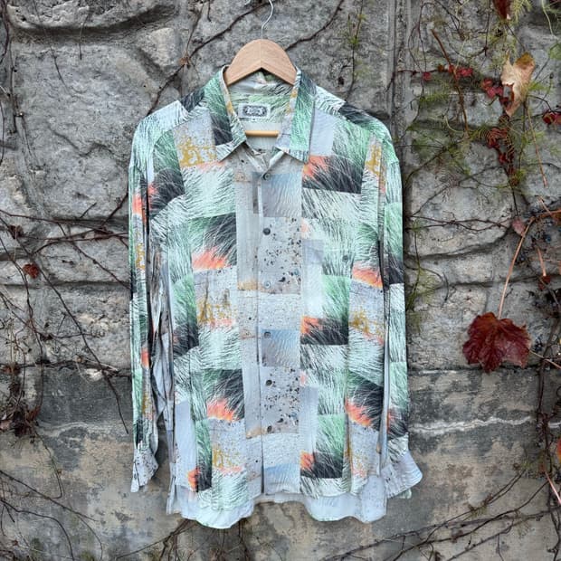 일본 빈티지 레이온 100 자연 에스닉 패턴 셔츠