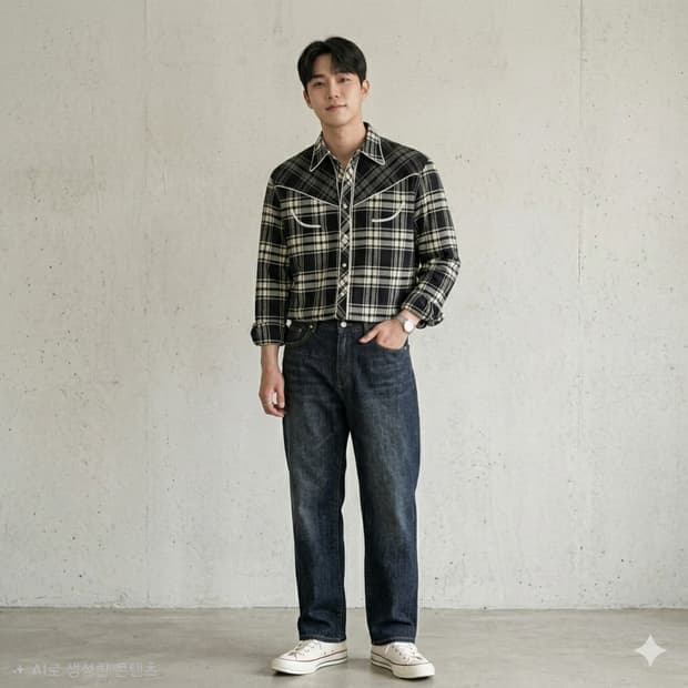 스타일난다 라인 디테일 체크 웨스턴 셔츠