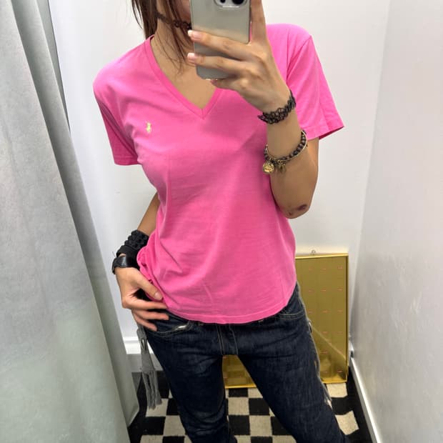 폴로 핑크 브이넥 반팔 티셔츠
