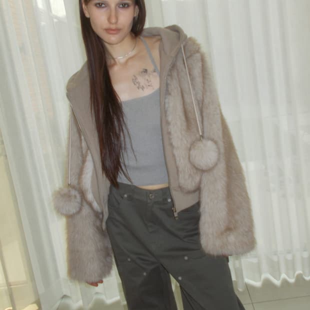 MIXED FUR HOODED JUMPER [BEIGE]