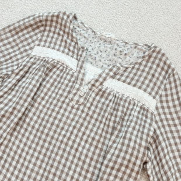 빈티지 코코아 체크 모리걸 블라우스 하구미 사와코 라떼갸루 너드 모리