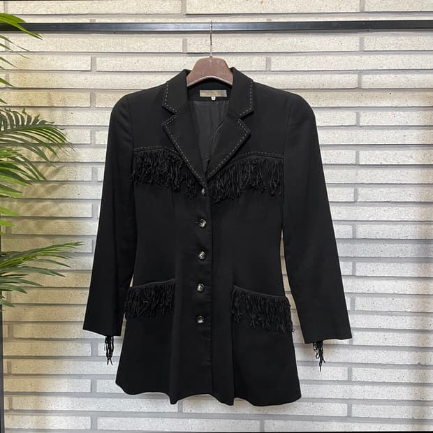 JPN VINTAGE 롱 테일러드 자켓 슬림핏 웨스턴 프린지 디테일 블랙