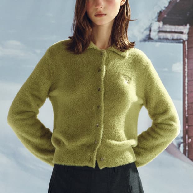 세터 헤어리 카라 니트 가디건 올리브 그린
