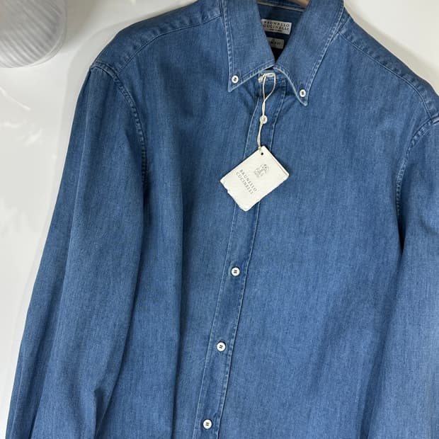 브루넬로 쿠치넬리 데님 네이비 블루 셔츠 슬림핏