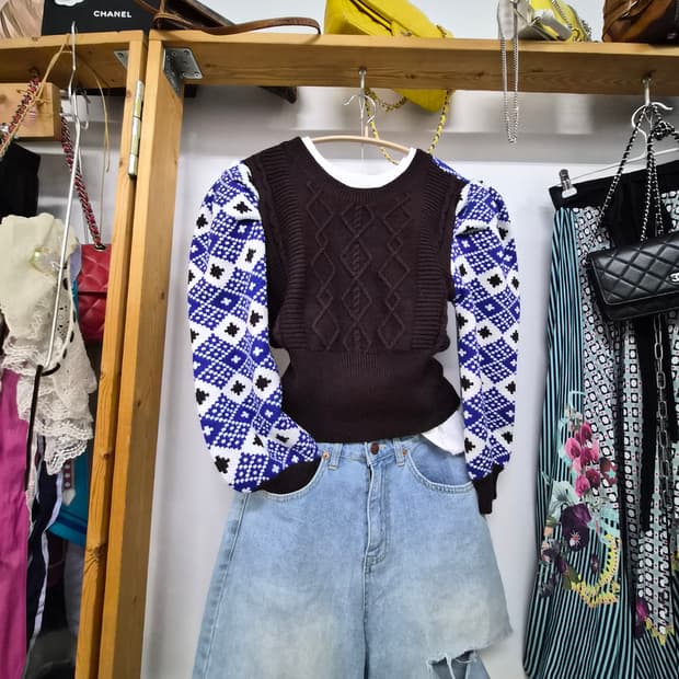 띠어리 케이블 벌룬퍼프니트