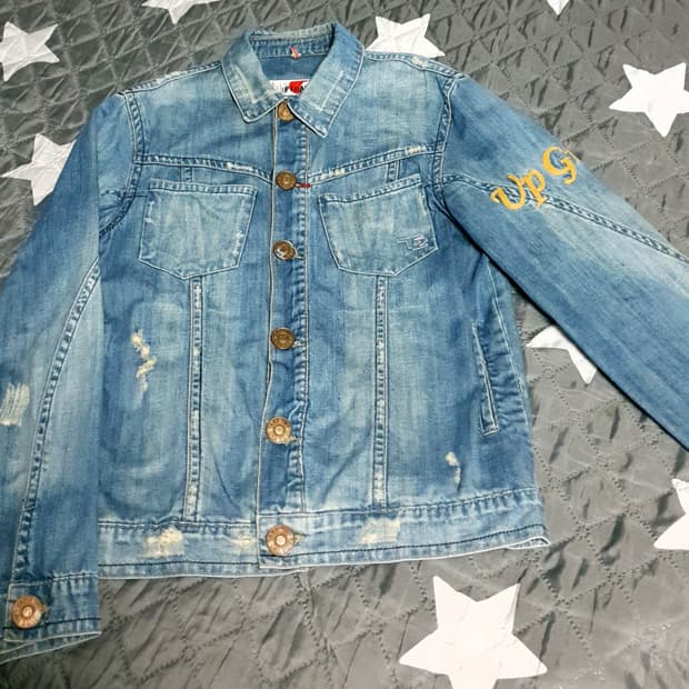 TAKE TWO Y2K 빈티지 디스트로이드 금장자수 데님자켓 (M)