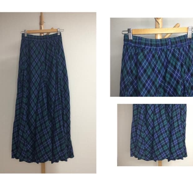 빈티지 그린 블루 체크 롱스커트