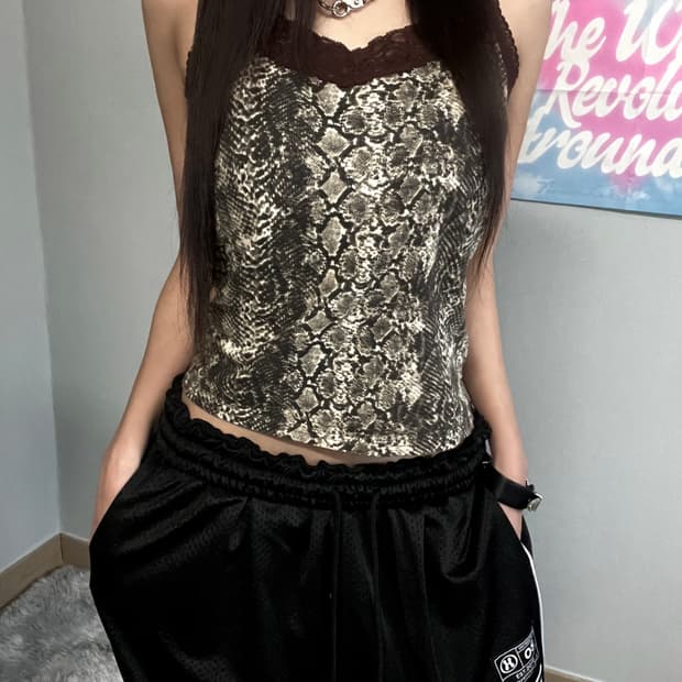 y2k 갸루 브라운 펑크 뱀피 파이톤 레이스 슬리브리스