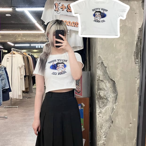 빈티지 베티붑 크롭 슬림핏 반팔 화이트 #csz3859