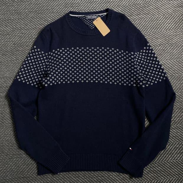 타미힐피거 패턴 라운드넥 니트 네이비o 4773