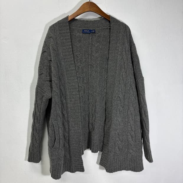 우먼FREE 폴로 랄프로렌 그레이 캐시미어혼방 노버튼 꽈배기 가디건