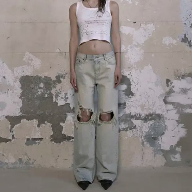보헴서 KNEE-DAMAGED WIDE JEANS, LIGHT BLUE