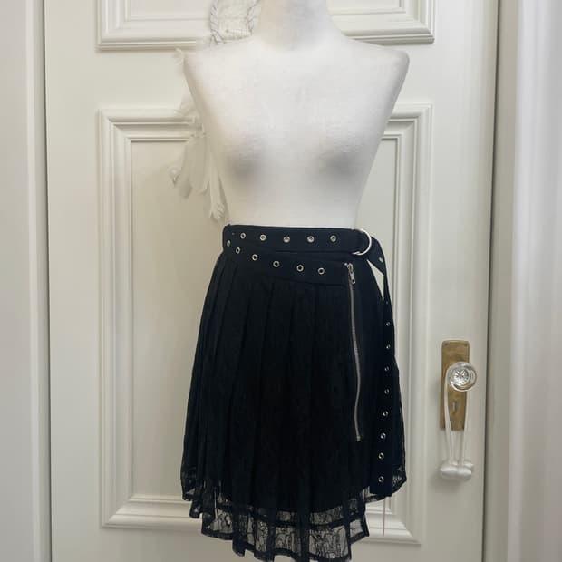 black lace pleats belt point skirt
