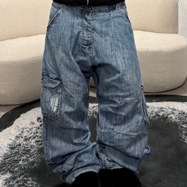 90s vintage 와이드 자수 포켓 데님 팬츠