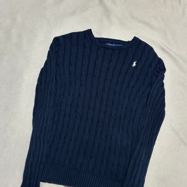 S 폴로랄프로렌 화이트 포니 여성용 네이비 케이블 니트