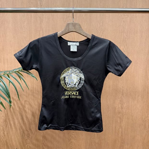 베르사체 진스 꾸뛰르 메두사 로고 자수 반팔 티셔츠 슬림핏 블랙