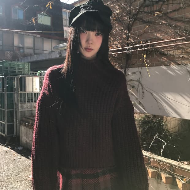 Turtle Neck Warm Loose Knit(Burgundy)