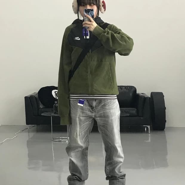 나이키 카키 후리스 후드집업