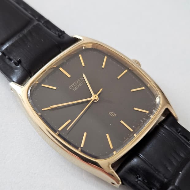 빈티지 시티즌 쿼츠 블랙 가죽 시계
