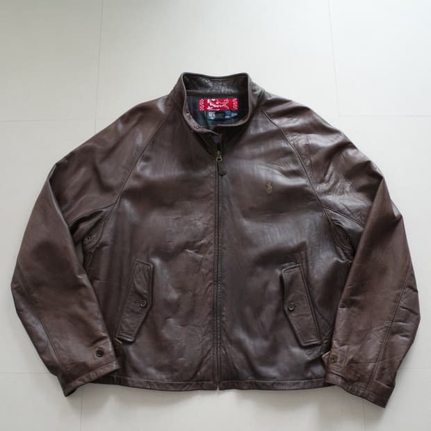 [XXL]90s 폴로 랄프로렌 가죽 레더 바라쿠타 자켓 블랙와치 안감