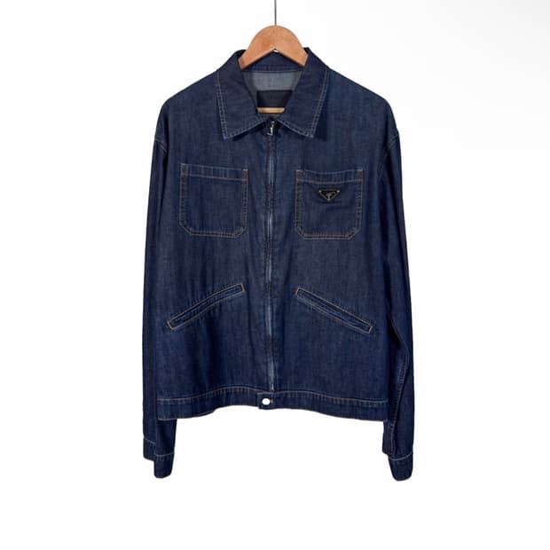 [XL] 프라다 남성 라이트 데님 지퍼 크롭 청 자켓 네이비 GEB255