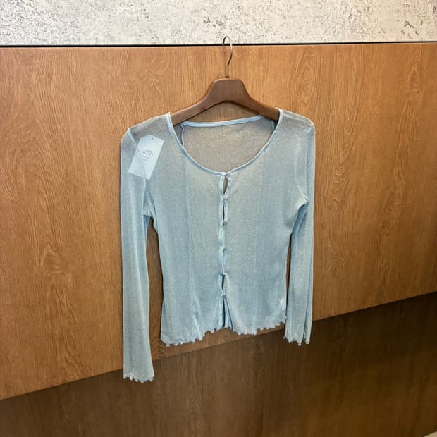 빈티지 시스루 가디건 긴팔 프릴 버튼 디테일 스카이 블루 k423