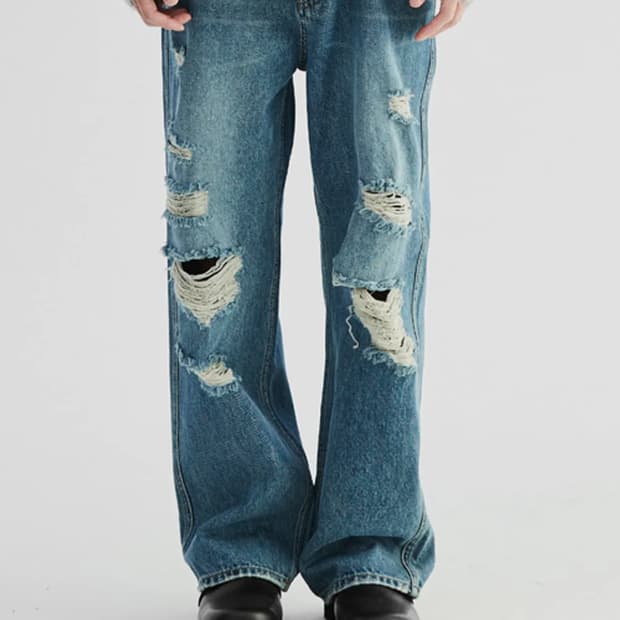 르아르 LEIRE 세미 와이드 데미지 데님 팬츠 L