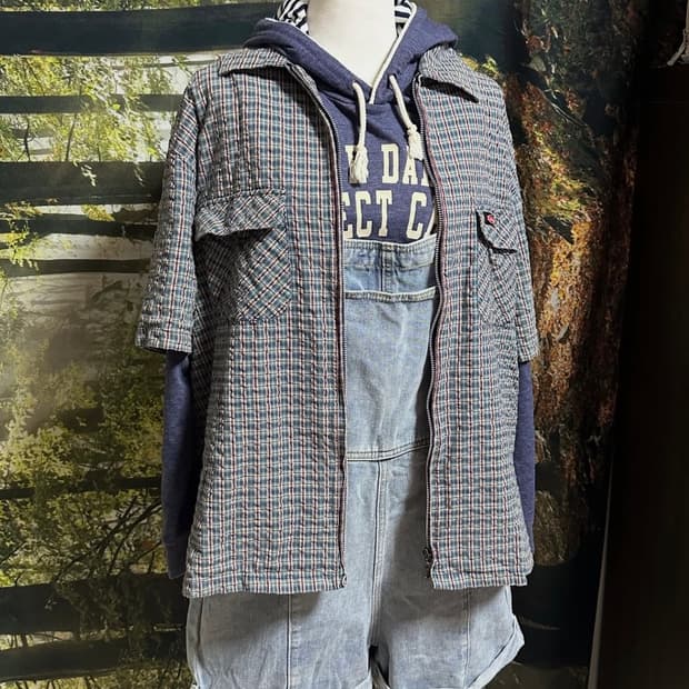 빈티지 너드 세트 후드티 체크 셔츠 데님 오버롤 멜빵 모리 모리걸