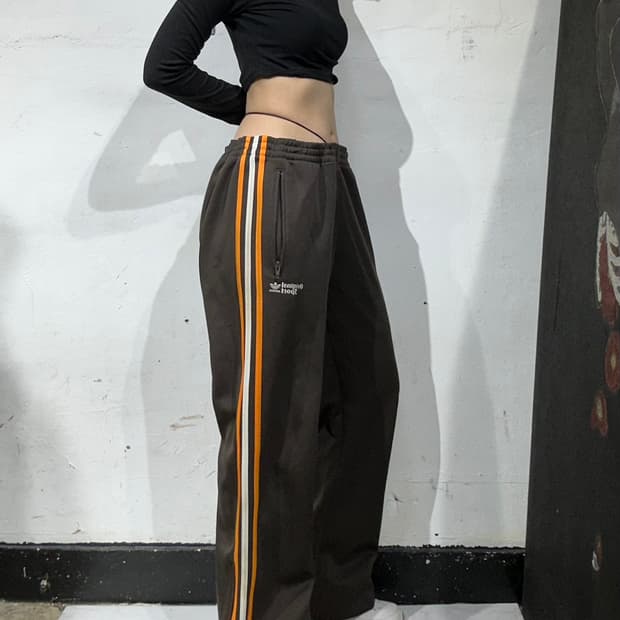 아디다스 대대장 브라운 삼선 와이드 추리닝 바지 트레이닝 팬츠 105