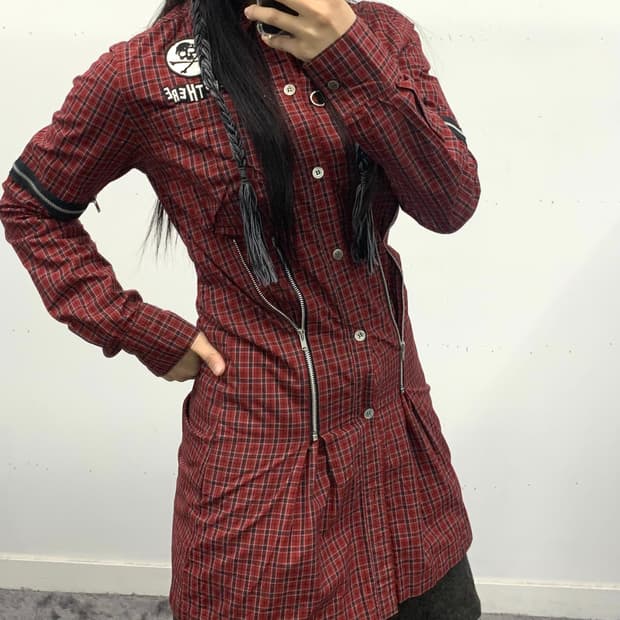 Here there 고스 펑크 본디지 타탄 체크 셔츠