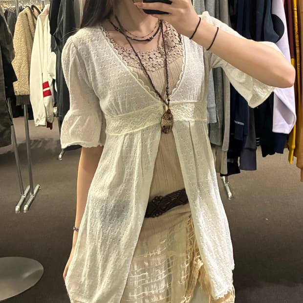 M)Japanese vintage 여성 레이스 디테일 니트 가디건