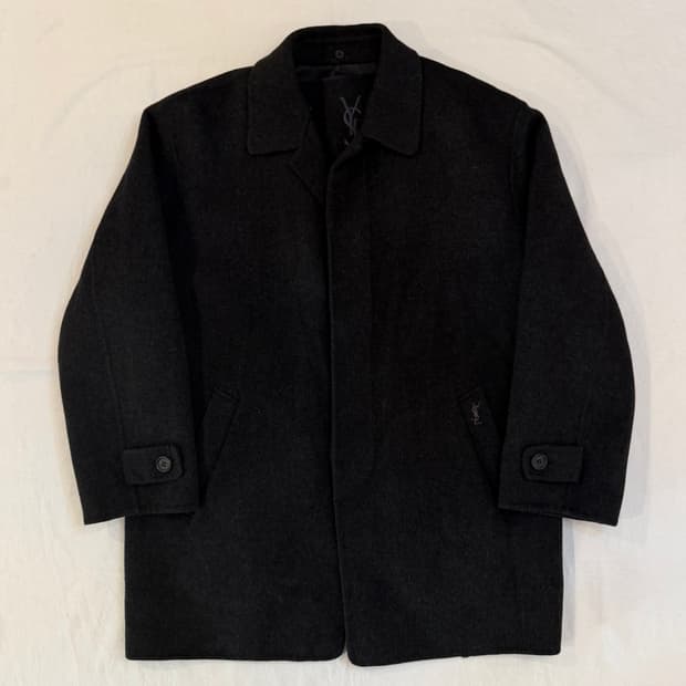 90s YSL 입생로랑 포켓로고 발마칸 울 코트 딥그레이