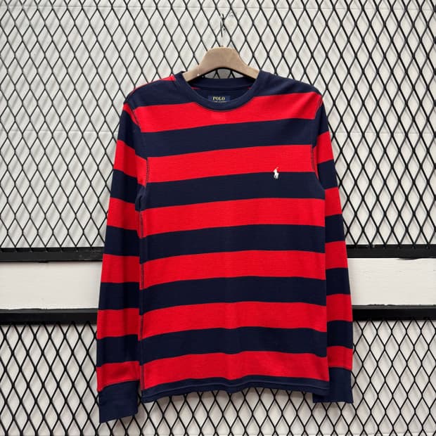 폴로 랄프로렌 와플 니트 스트라이프 패턴 화이트 포니 포인트 네이비 레드