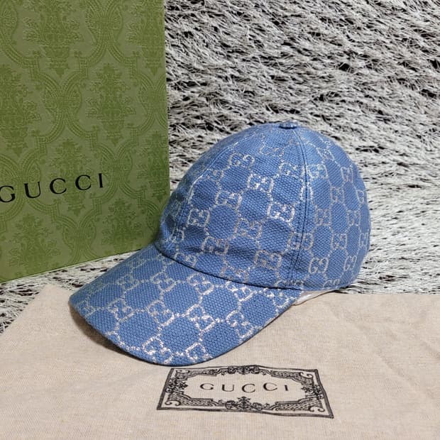구찌 블루 글리터 GG 모노그램 볼캡모자 M