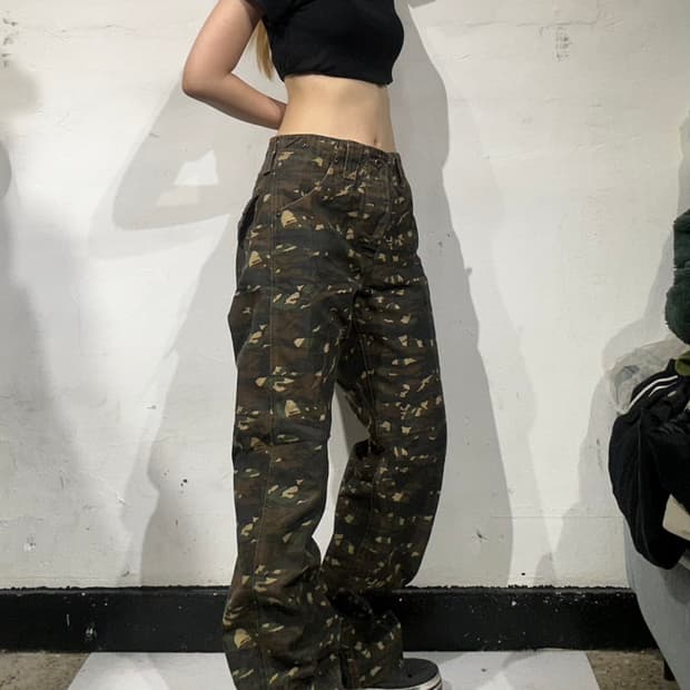 일본 빈티지 카키 올드스쿨 밀리터리 카모 와이드 카고 팬츠 32