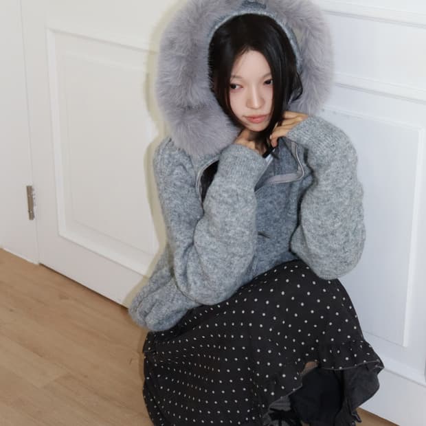 퍼 후드 니트집업 가디건 차콜