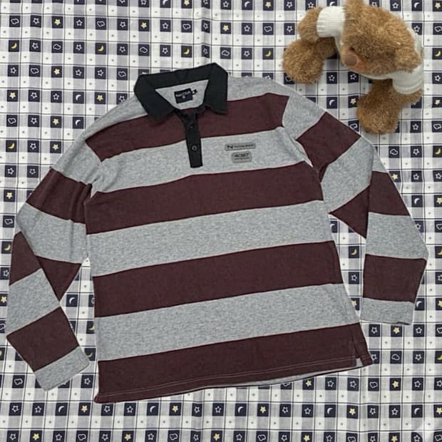 Nautica UAS Y2K 버건디 그레이 스프라이프 오버핏 루즈 카라