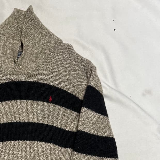 폴로랄프로렌 레드 포니 램스울 숄카라 스트라이프 니트