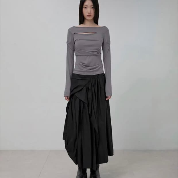 플레어업 롱스커트 Asymmetrical Draped Layered