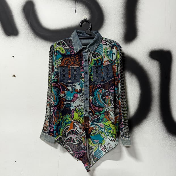 VTG 빈티지 오리엔탈 풀 패턴 데님 배색 블라우스 셔츠