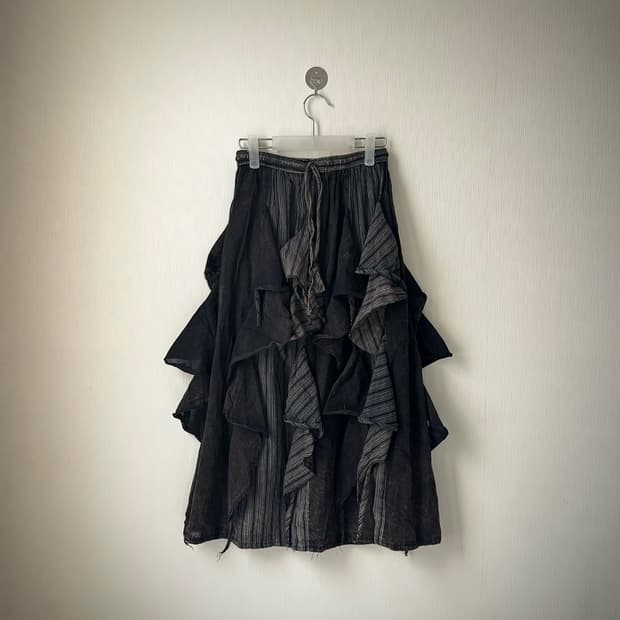 그런지 니혼진 펑크 00s 아카이브 언발 레이어드 셔링 롱스커트 치마