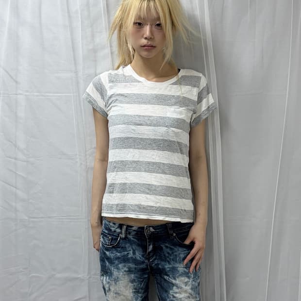 [Back Number] Gray&White Striped T-Shirt