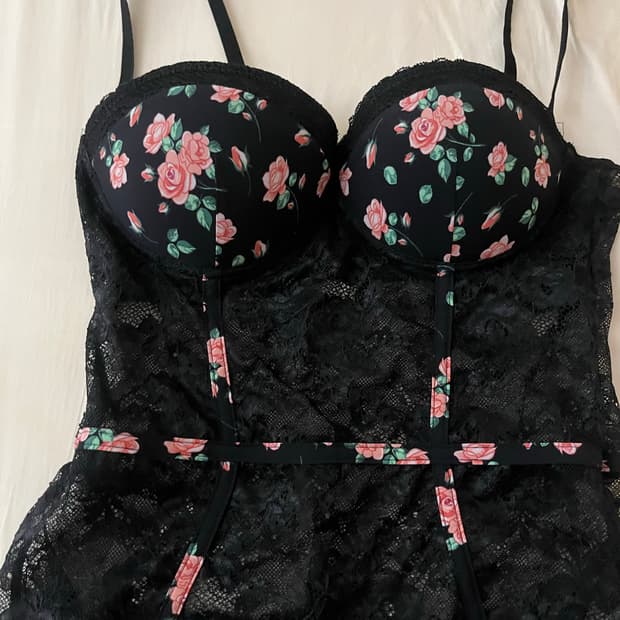 블랙 플로럴 망사 레이스 바디수트 가터 코르셋 슬립