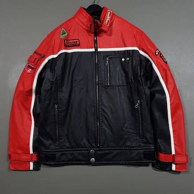 M (95) N'GENE 엔진 지퍼 포켓 패치 가죽 레더 레이싱 자켓