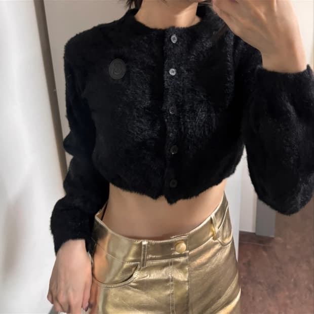 스컬프터 크롭 퍼 와펜 가디건