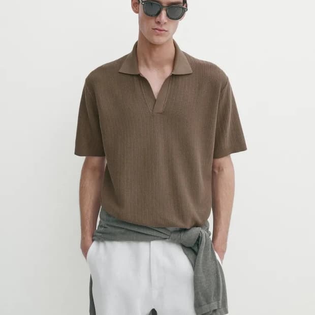 마시모두띠 / 패브릭 디테일 니트 폴로 셔츠 / 브라운 XL