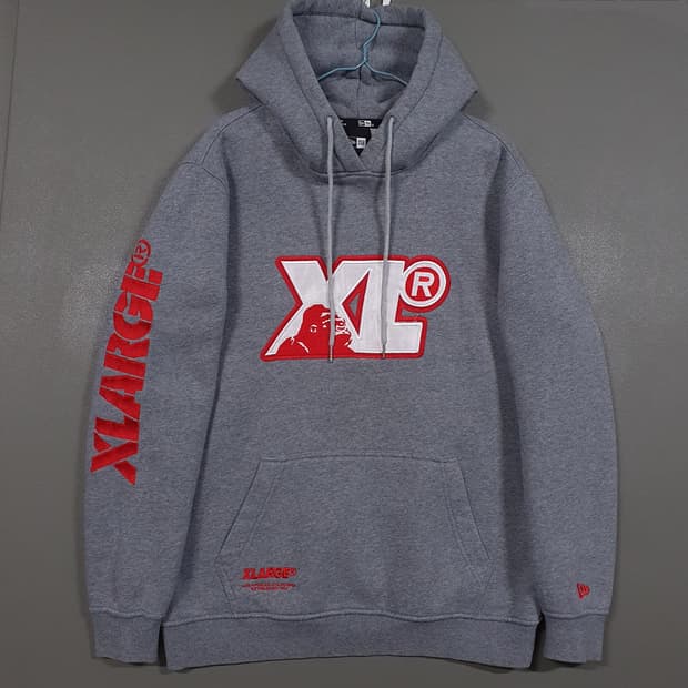 실측 L 100) 뉴에라 X 엑스라지 콜라보 한정판 후드티셔츠 헤더그레이