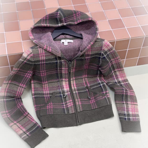 tommy pink check knit zip hoody